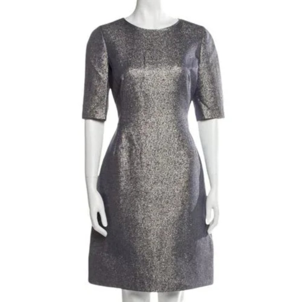 ❤️AKRIS Metallic Blue Gray Half Sleeve Textured Silk Knee Cocktail Dress 12